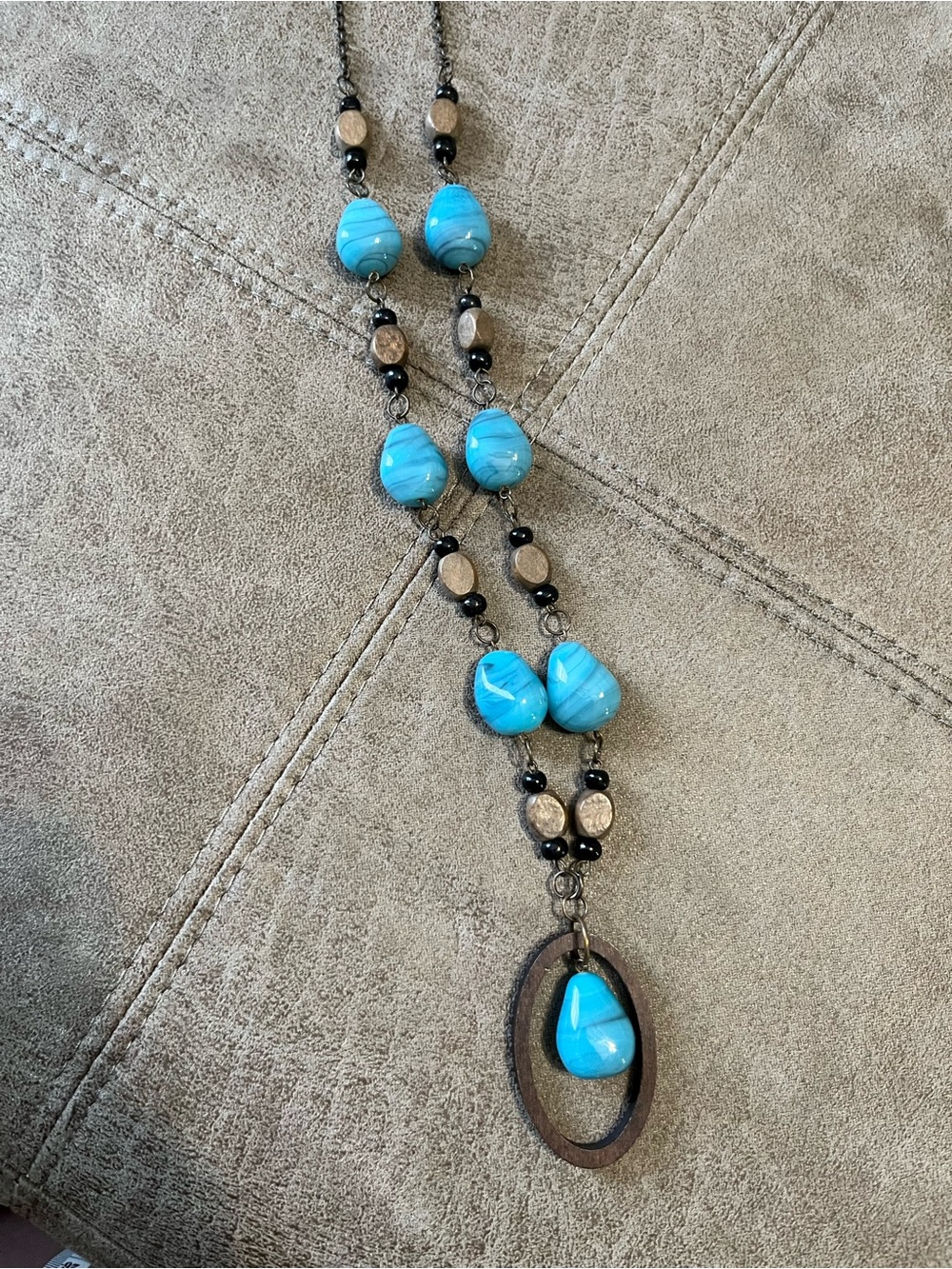Boho Blue Glass Bead and Wood Pendant Necklace - Women Jewelry